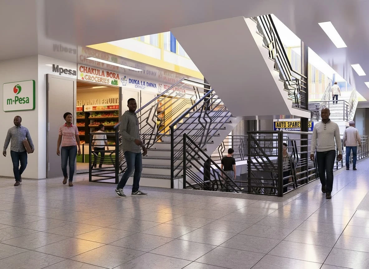 Interior atrium and stairway architectural view